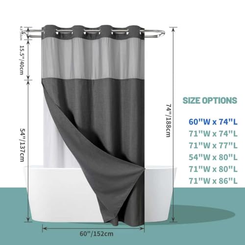 eachope Charcoal No Hook Waffle Weave Shower Curtain with snap-in Liner Replacement, 230GSM Waterproof Fabric Hotel Shower Curtain Set for Bathroom, Through Mesh Top Window,60Wx74H - color: Charcoal, size: 60"W x 74"L (Pack of 1)