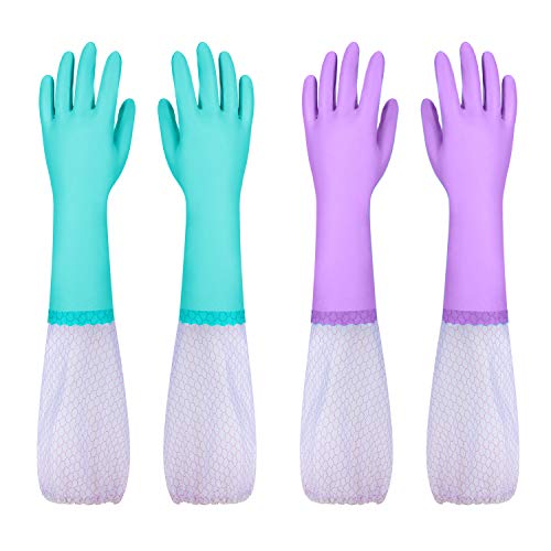 Elgood Reusable Long Sleeve Dishwashing Cleaning Gloves with Latex Free,Cotton Lining,Kitchen Gloves 2 Pairs,Purple+Blue L - color: Long-purple+blue, size: Large (Pack of 2)