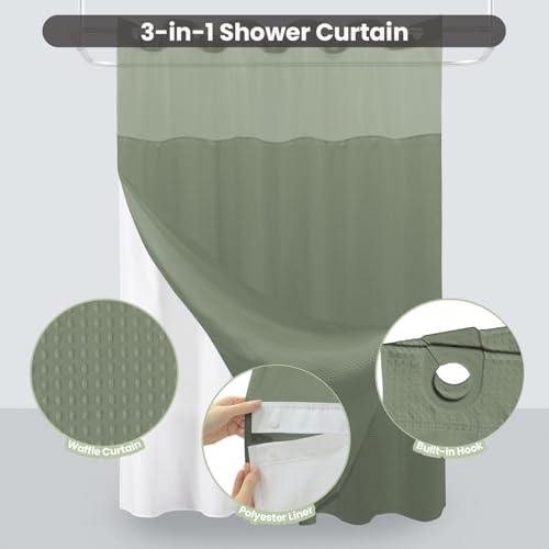 Inhousolu No Hook Shower Curtain with Snap-in Fabric Liner, Waffle Weave 230 GSM Polyester, Weighted Hem, Water Repellent Washable, Mesh Top Window 72" W x 72" L Sage Green - color: Sage Green, size: 72"W x 72"L (Pack of 1)