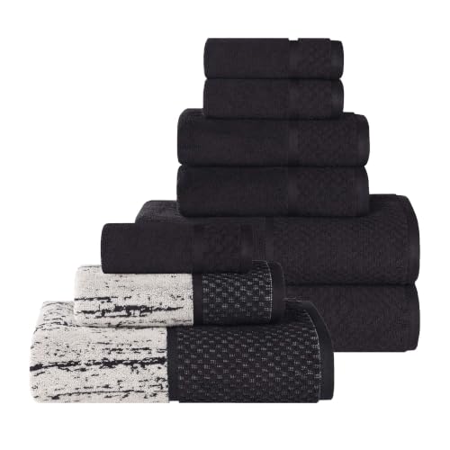 Superior Cotton Bathroom Towel Set, Plush Absorbent, 9 Piece, Black Ivory | Soft Quick Dry, Bathroom Essentials, Jacquard & Solid Pattern Assorted Towels, 4 Bath, 4 Hand, 4 Face Towel, Lodie Collection - color: Black-ivory, size: 9 Piece Towel Set (Jacqua