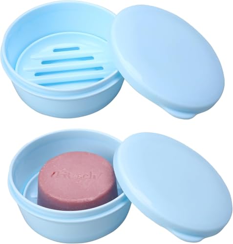 Round Travel Soap Case 2Pcs Portable Plastic Soap Container for Shampoo Bar | Plastic Soap Holder with Leak-Proof Lid for Bathroom Shower Gym (Blue) - color: Blue