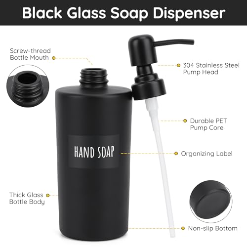 Segbeauty Glass Soap Dispenser Set, 2pcs 15.2oz Refillable Bathroom & Kitchen Dispensers, 450ml Black with Pump & Labels - color: Dark Black, size: 15.2oz/450ml