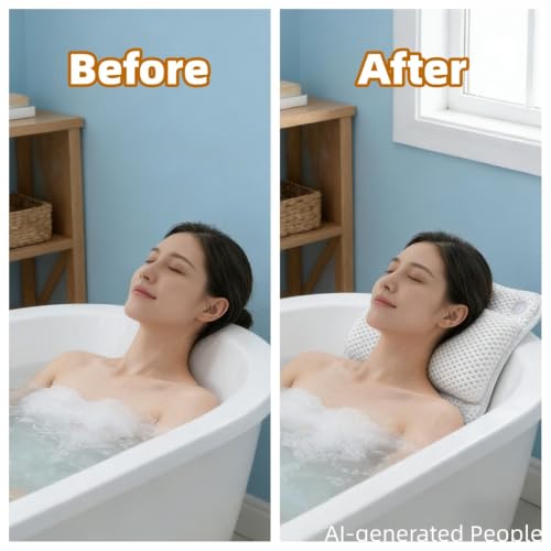 Bathtub Pillow, with Multiple Suction Cups (White) | Soft and Thick Material, Supporting the Neck, and Head - color: White