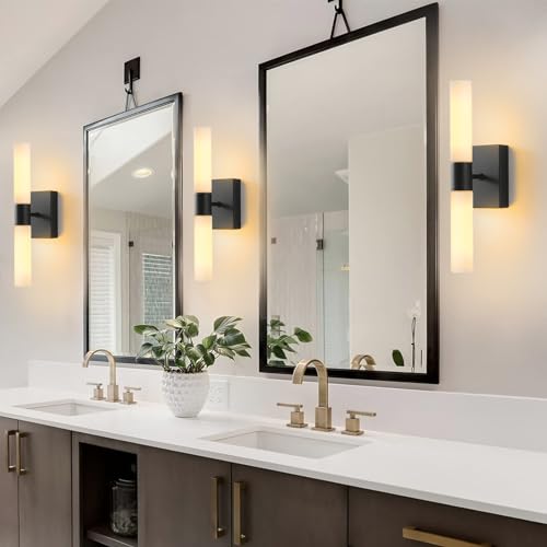 KUZZULL Wall Sconces Set of Two Matte Black Modern Bathroom Sconces Lighting Set of 2 Frosted Glass Shade Indoor Wall Lamp Wall Mounted Lights Metal Wall Light Fixtures for Living Room Stairs - color: matte black frosted