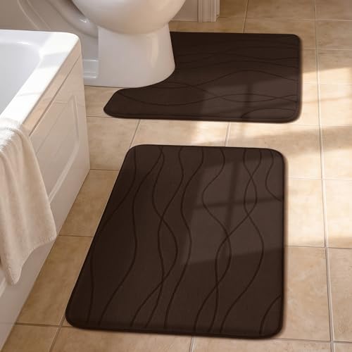 YIHOUSE Bathroom Rugs Set 2 Piece, Memory Foam Bath Mat Brown | U Shaped+Small Mat, Ultra Soft, Absorbent, Non-Slip, Machine Washable, for Bathroom, Sink and Toilet - color: Brown, size: 2' x 1'5" (Rectangular)
