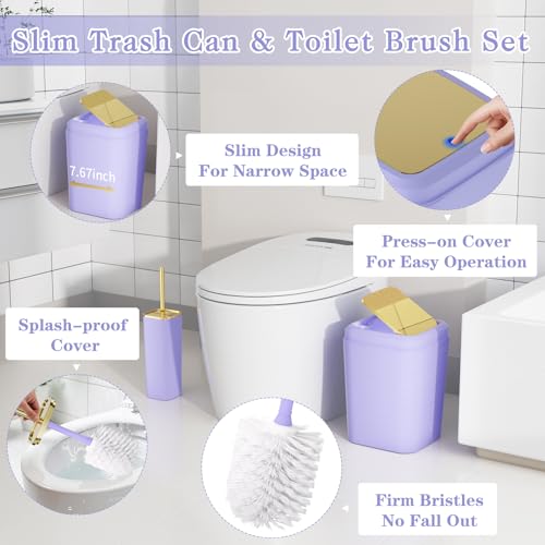 Bathroom Set - 11PC Bathroom Accessory Set, Bathroom Accessories Set, Purple Bathroom Set, Push-lid Trash Can, 3PC Soap Dispensers, Toilet Brush & Q-tip Holders - color: Purple & Gold, size: Bath Set