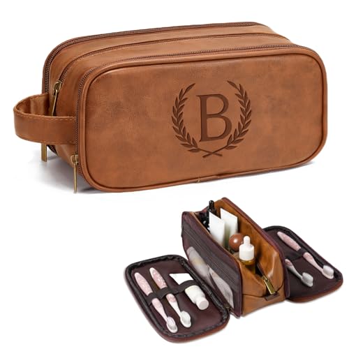 Travel Toiletry Bag For Mens PU Leather Engraved Initials (Yellow Brown B) | Personalized Gifts For Father Husband Groomsmen Birthday Waterproof Dopp Kit Bag Beach Travel Essentials Bathroom Organizer - color: Yellow Brown, style: B