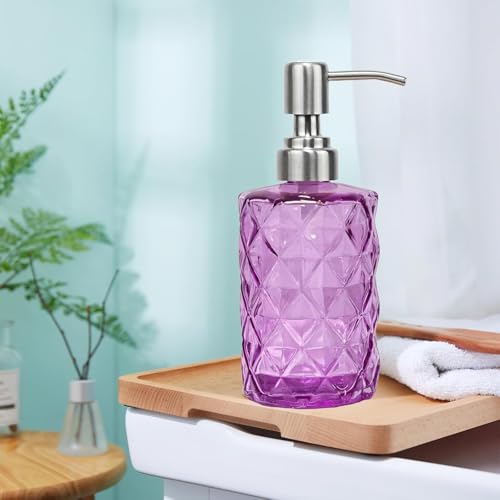 12Oz Purple Soap Dispenser Bathroom - 2 Pack, Clear Glass Hand Soap Dispensers with Stainless Steel Pump, Refillable Dish Soap Dispenser for Kitchen, Countertop Soap Dispensers - color: Diamond Purple（2-pack）