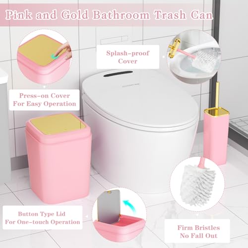 XLHOMO Bathroom Accessories Set - Luxury Pink Bathroom Set, 9 Pieces Bathroom Accessory Set, Pink Bathroom Accessories with Trash Can, Toilet Brush & Soap Dispenser - color: Pink & Gold, size: Bathroom Set