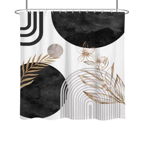 Black and Gold Shower Curtain, White Grey Abstract Art Pattern, Mid Century Modern Polyester Fabric, Cool Boho Mens Bathroom, 72x72 Inch, 12 Hooks Included - color: Black, size: 72"W x 72"L (Pack of 1)