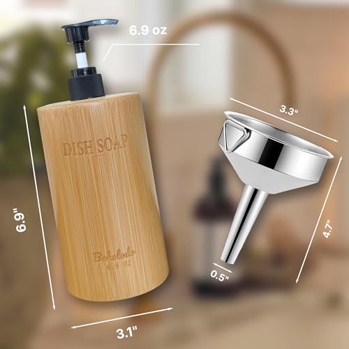 Natural Wood Soap Dispenser 6.9oz with Laser Engraved Bamboo Labels & 3.3" Steel Funnel | Hand Soap Dispenser for Kitchen & Bathroom Sink | Farmhouse & Boho Kitchen Decor, Spa Accessories (Dish Soap) - color: Dish Soap