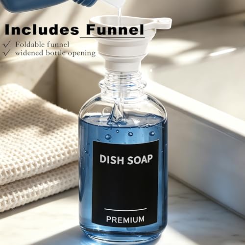 12oz Dish Soap Dispenser for Kitchen, Hand Glass Soap Dispenser Set with Pump, Tray, Funnel for Bathroom, Shower, Laundry, Liquid, Lotion (Black 2 Pack Clear Bottles with 12 Stickers) - color: Black, size: 12Oz