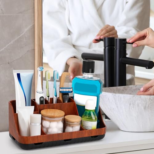 GFWARE Bathroom Decor and Accessories - Detachable 7 Slots Kids Electric Toothbrush and Toothpaste Holde for Bathroom Tray Countertop Vanity Storage, Bathroom Sink Storage Organizer, Red Wood - color: Red Wood