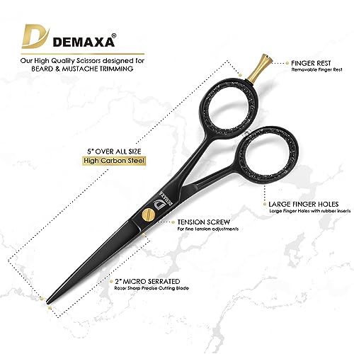 DEMAXA 5" Professional Mustache Scissors Beard Scissors for Men with Fine tip Tweezers 1 Mustache Comb 1 Beard Comb & Pouch – Beard Trimming kit & Mustache Kit (Black Shears With Tweezer) - color: 5" Professional Black With Tweezer