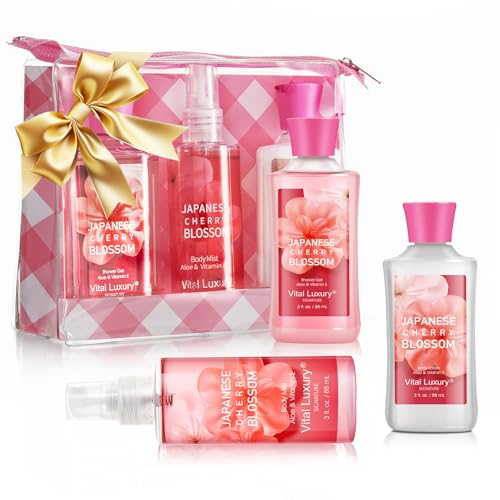 Self Care Gift Set for Women - 3PC Japanese Cherry Blossom Spa Travel Set with Shower Gel, Lotion & Body Mist - Luxury Bath Gift Set for Mother's Day, Birthday, or Anniversary
