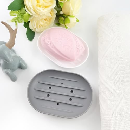 BlingKingdom 2 PCS Silicone Soap Dish Holders, Anti-Slip Portable Self Draining Soap Holder for Shower, Bathroom, Kitchen (White and Grey)