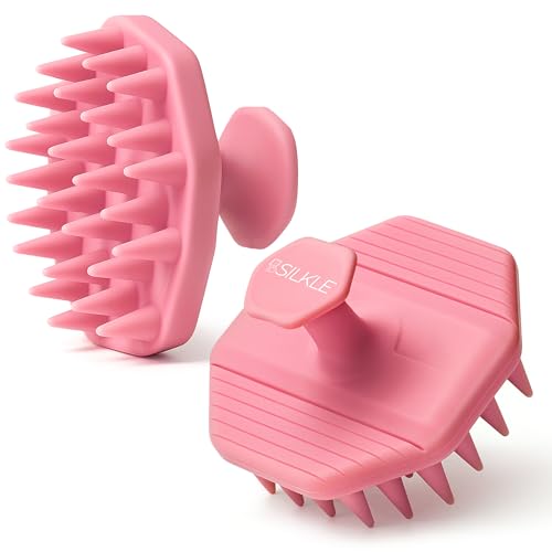 SILKLE Scalp Massager Shampoo Brush – Silicone Scalp Scrubber for Hair Growth & Dandruff Removal, One-Piece, Non-Slip Handle, Soft Bristles, Wet/Dry Shower Scalp Exfoliator for All Hair Types – Pink - color: Pink