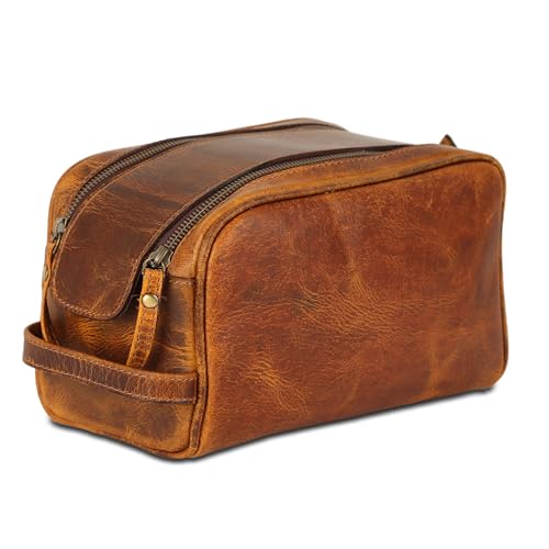 KomalC Travel Toiletry Bag – Premium Leather Dopp Kit for Men & Women with Water-Resistant Lining & Spacious Zippered Organizer - style: 1 Zip Classic Tan