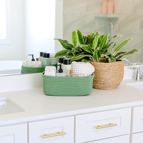 NaturalCozy 11.8"x8"x4.5” Rectangle Storage Baskets for Shelves 3 Pack | Cotton Rope Woven Small Baskets for Organizing | Small Storage Bins for Nursery, Bathroom, Closet, Shelf, Decorative, Gift - color: Green, size: 11.8" x 8" x 4.5"