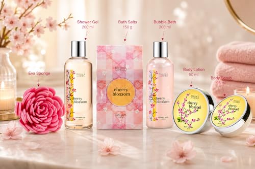 Cherry Blossom Spa Gift Basket for Women – Luxury Bath & Body Gift Set with Shower Gel, Bubble Bath, Body Scrub, Lotion & Bath Salts – Mother’s Day Self Care Gift for Mom