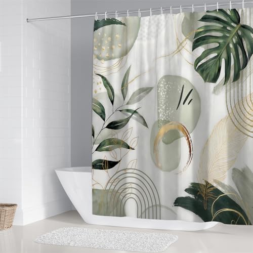 LQCOOL 4Pcs Green Shower Curtain Set, Modern Boho Bathroom Sets, Modern Luxury Bathroom Sets with Shower Curtain and Rugs, Shower Curtain with 12 Hooks - color: Green Leaf