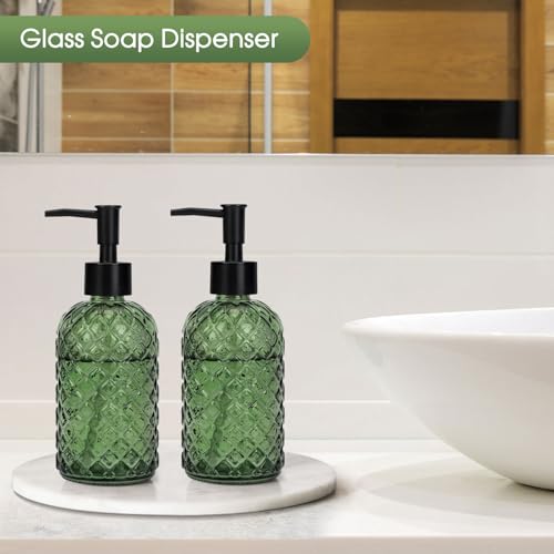 2 Pack Gem Glass Soap Dispenser with Black Plastic Pump, 13oz Liquid Hand Soap Dispenser, Rustproof Pump for Kitchen & Bathroom, Great for Lotions, Essential Oil, Liquid Soaps-Army Green - color: Gem-army Green, size: Plastic Pump