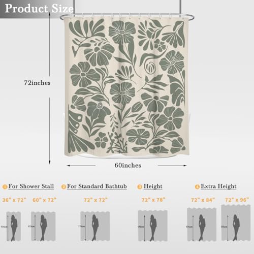 Sage Green Boho Floral Shower Curtain, Botanical Leaf Flower Pattern for Modern Farmhouse Bathroom Decor, 60x72 inch Polyester, 12 Hooks - color: Green, size: 60"W x 72"L (Pack of 1)