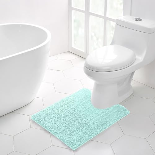 Walensee Bathroom Contour Rug Non Slip Toilet U Shaped Bath Mat (20x24, Spa Blue) Water Absorbent Super Soft Shaggy Chenille Machine Washable Dry Extra Thick Perfect Absorbant Best Plush Carpet - color: Spa Blue, size: 20"x24" Contour Rug
