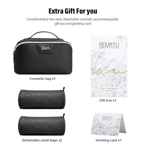BOYATU Travel Makeup Bag Cosmetic Bags for Women: Large Capacity 3 Pcs Set Make up Bag with Compartments - Waterproof Vegan Leather Toiletry Organizer Bags with Handle (L26Black) - color: L26Black