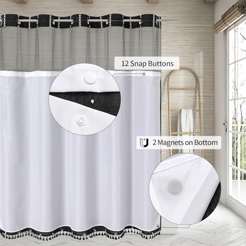 No Hooks Needed Farmhouse Shower Curtain with Snap-in Liner - with Window & Magnets, Boho Cotton Linen Fabric Shower Curtains with Tassels for Rustic Bathroom Decor, Black and White, 72 x 74 - color: Black - Win