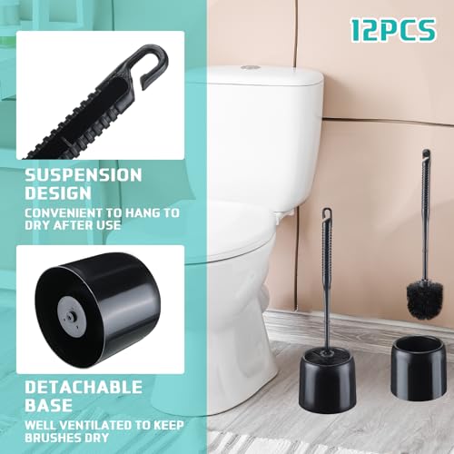 Roshtia 12 Sets Toilet Brush and Holder Set for Bathroom Toilet Bowl Brush Scrubber with Caddy for Deep Cleaning, 14.57 Height (Black) - color: Black