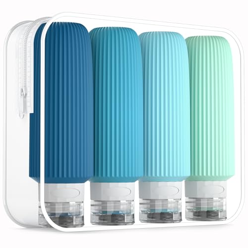 Mrsdry Travel Bottles for Toiletries, Large 6oz Travel Size Containers, BPA Free Leak Proof Tubs Refillable Liquid Accessories with Toiletry Bag for Cometic Shampoo and Lotion Soap (4 Pack) - color: Blue, size: 6 Ounces