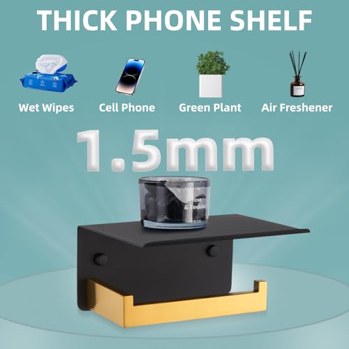 Toilet Paper Holder with Phone Shelf Black & Gold, APLusee 304 Stainless Steel Tissue Roll Dispenser Storage, Bathroom Accessories Wall Mounted - color: Black With Gold, size: Single Rod