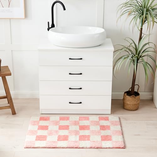 CozeCube Bath mats for Bathroom Non Slip, Fluffy Absorbent Microfiber Bath mat Washable, Aesthetic Bathroom Rugs, Cute Blossom Pink Checkered Bath mat, Blossom Pink, 32" x 20" - color: Checkered-blossom Pink, size: 2'8" x 1'8" (Rectangular)