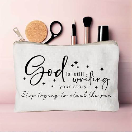 God is Still Writing Your Story Travel Bag Funny Christian Women of the Bible Makeup Bag Bible Quote Christian Quotes Scripture Makeup Pouch Linen Cotton Bag - color: God is writing