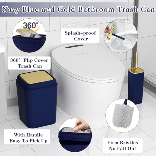 XLHOMO Bathroom Set - Navy Blue Bathroom Sets with Shower Curtain and Rugs, 24PCS Shower Curtain Set with Hooks, Soap Dispenser, Soap Dish, Toilet Brush Holder and Trash Can for Housewarming - color: Navy Blue and Gold, size: Bathroom Set+Shower Curtain+B