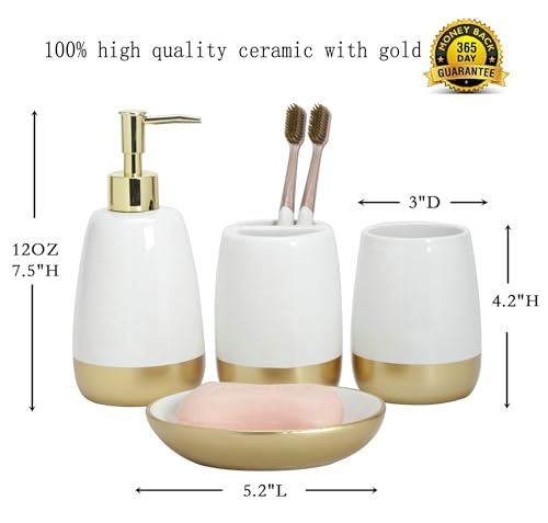 Elegant White with Gold Bathroom accesory Set 4pc,Toothbrush Holder soap Dispenser soap Dish Tumbler Cup for Bathroom Decor Morden Style (White 2) - style: WHITE 2