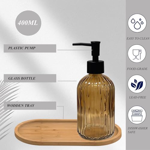 Glass Hand and Dish Soap Dispenser Set of 2 with Plastic Pumps, Bamboo Tray, 13.5oz Brown Bathroom Soap Dispenser with Vertical Stripe for Hand Wash & Dish Wash, Ideal for Bathroom Kitchen Countertop - color: Brown