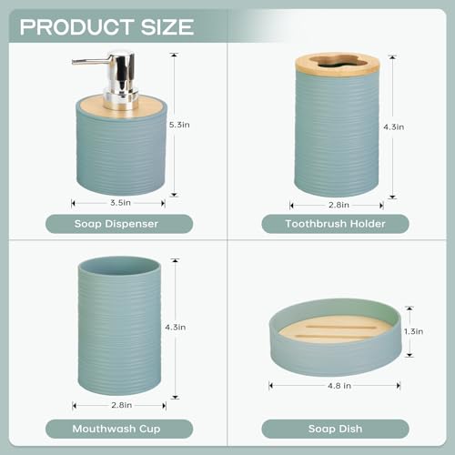 4 Pieces Bamboo Bathroom Accessories Set, Bathroom Accessory Set with Soap Dispenser and Toothbrush Holder, Soap Dish and Toothbrush Cup, Boho Bathroom Decor(Aqua) - color: Aqua