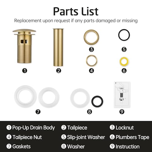 KES Vessel Sink Drain Pop Up Drain with Overflow Bathroom Stopper Assembly Brushed Gold for 1.6"-1.9" Sink Hole, All Metal Rustproof Brass and 304 Stainless Steel, S2008A-BZ - color: Brushed Gold, style: With Overflow, 1 Pack