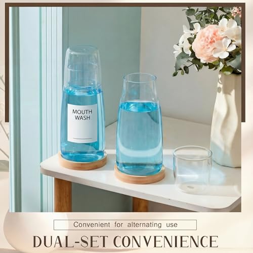 2 Set 25 oz Glass Mouthwash Dispenser with Wood Tray and Mouth Wash Labels, Mouth Wash Container Bottle with Lid Cup, Mouthwash Decanter for Bathroom Bedside Water Carafe for Nightstand