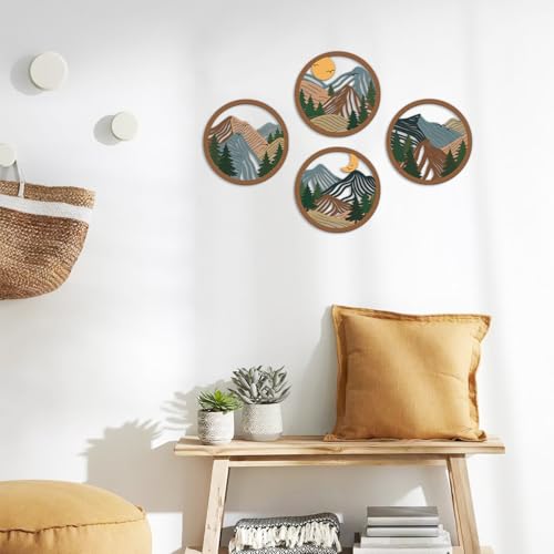 TOARTi 4Pcs Boho Mountain Wooden Wall Art,Abstract Sun Moon Pine Tree Wall Decor,Natural Mountain Landscape Artwork,Minimalist Geometric Forest Hanging Sign for Farmhouse Living Room Bedroom Office - color: 4pcs Mountain Landscape Wooden Wall Art