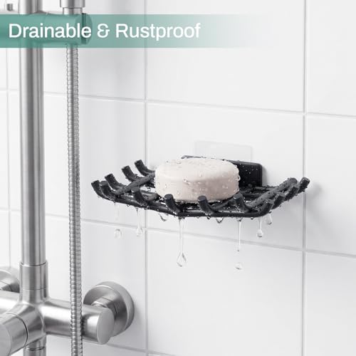 Bar Soap Holder for Shower Wall, Self Draining Plastic Bar Soap Dish Tray Container Case for Bathroom Sink, Adhesive Shower Soap Dish Holder Wall Mounted, Black 2 Pack - color: Black