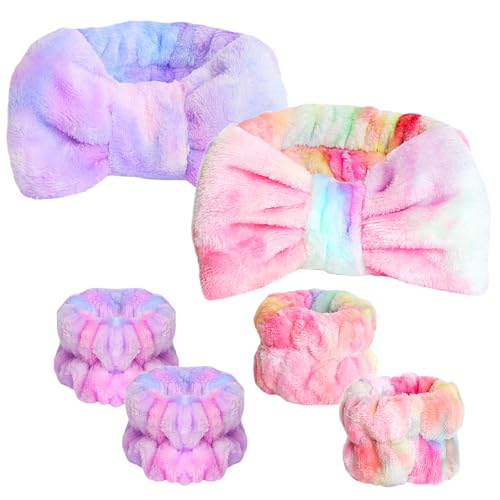 WSYUB Spa and Makeup Headband Set - Gorgeous Tie Dye Color Cosmetic Headband and Absorbent Wrist Towels for Skincare, Face Washing, and Makeup Application (6 pcs) - color: Tie-dye Purple and Pink