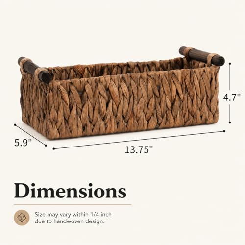 Water Hyacinth Toilet Tank Basket – Wicker Toilet Paper Storage Basket for Back of Toilet, Bathroom Counter Organizer with Wooden Handles, Brown - color: Brown