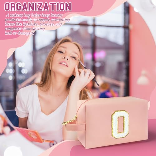 Personalized Initial Makeup Bag with Handle, Preppy Cosmetic Bag with Inner Zipper Pocket, 8 9 10 11 12 13 14 Years Old Girl, Graduation Gifts for Teen Girls Women Teachers (O, Pink) - color: Pink, style: O