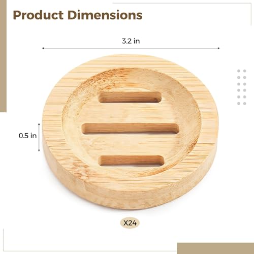 24PCS Bamboo Soap Dishes,3.2 in Round Wooden Soap Holder with Drainage Slots, Waterproof Lacquered Soap Bar Tray for Bathroom Shower, Shampoo Bar Holder, Scrub Sponge Tray
