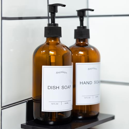 Amber Glass soap Dispenser with Anti-Rust Pump. Refillable Kitchen and Bathroom soap Dispenser for Dish soap, Hand sanitiser, Shampoo, Conditioner, Lotion, Shower Gel Conditioner 16 oz 2pack