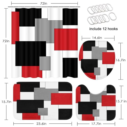 Red Geometric Shower Curtain Set with Toilet Lid Cover and Non-Slip Rugs for Bathroom, Black White Grey Checkered 4 Pcs Shower Curtain, Modern Abstract Bathroom Set with 12 Hooks - color: Abstract Geometric Red