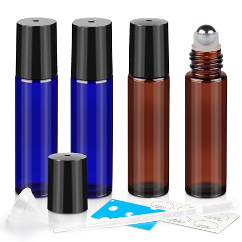 10ml Roller Bottles for Essential Oils, 4 Pack Glass Roll on Bottles, Refillable Perfume Bottle, with Stainless Steel Roller Balls, 2 Droppers, 1 Opener, Labels (Amber+Blue) - color: Blue